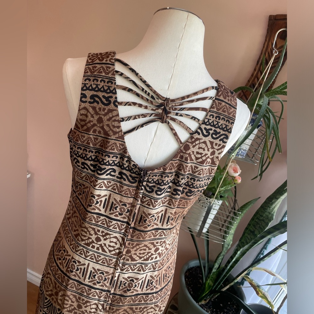 Vintage 90s Earthy Boho Chic Aztec Print Midi Sheath Dress, Size Small - Picture 4 of 13
